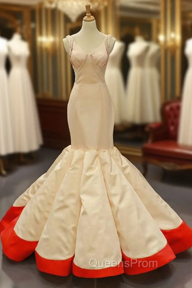 Champagne Red Mermaid Satin V-neck Pleats Evening Prom Dress Main image