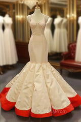 Champagne Red Mermaid Satin V-neck Pleats Evening Prom Dress