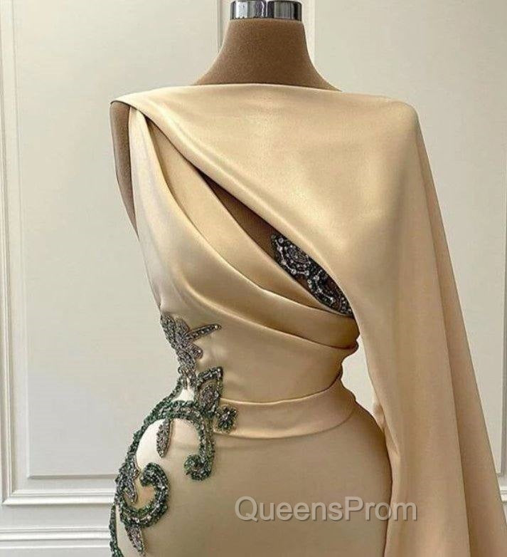 Champagne Robe De Soiree Sheath Floor Length Satin Beaded Long Evening Prom Dress Evening Prom Gown Evening Dress Secondary image