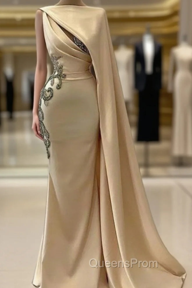 Champagne Robe De Soiree Sheath Floor Length Satin Beaded Long Evening Prom Dress Evening Prom Gown Evening Dress Main image