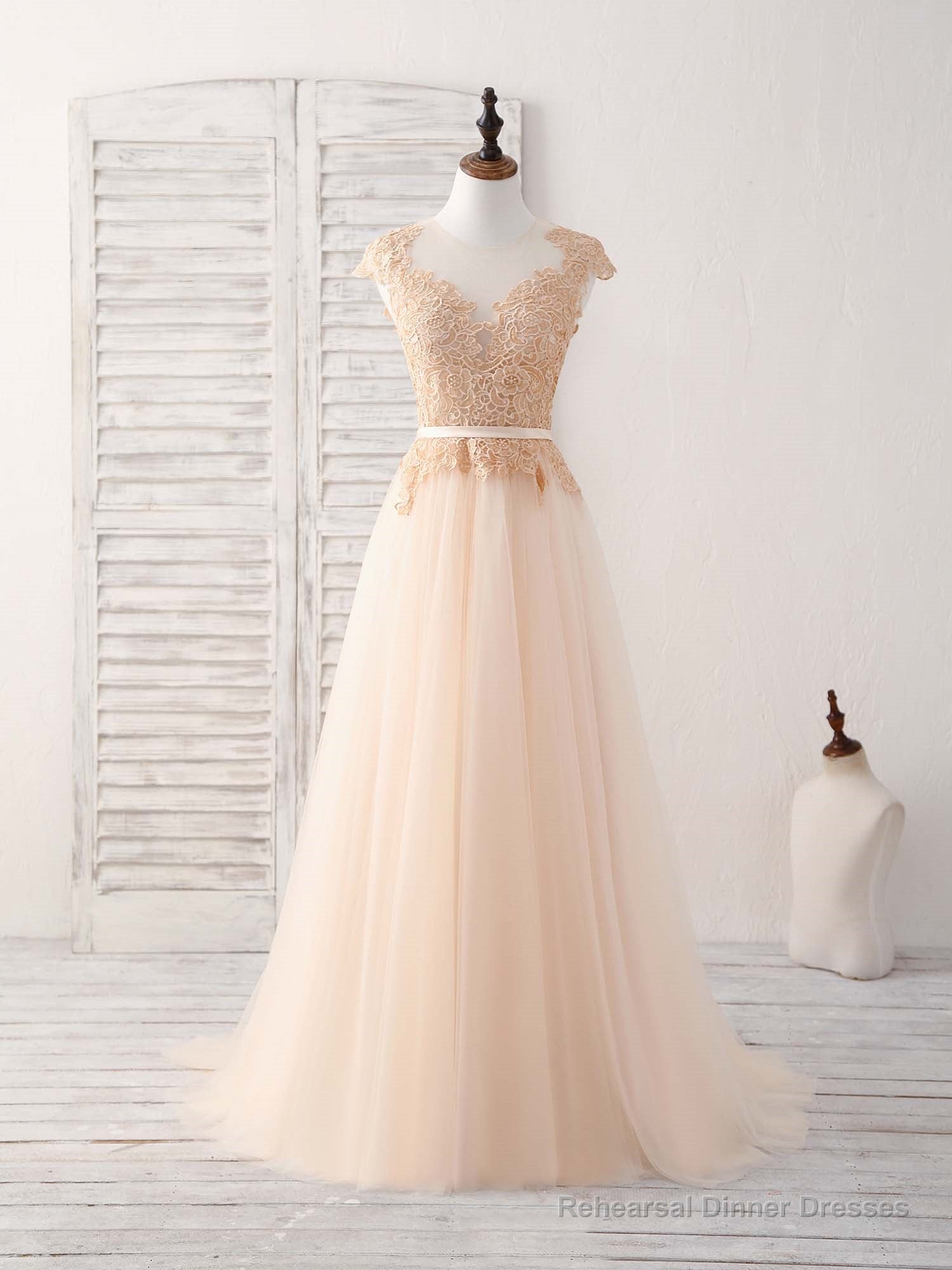 Champagne Round Neck Tulle Lace Applique Long Prom Dress Main image