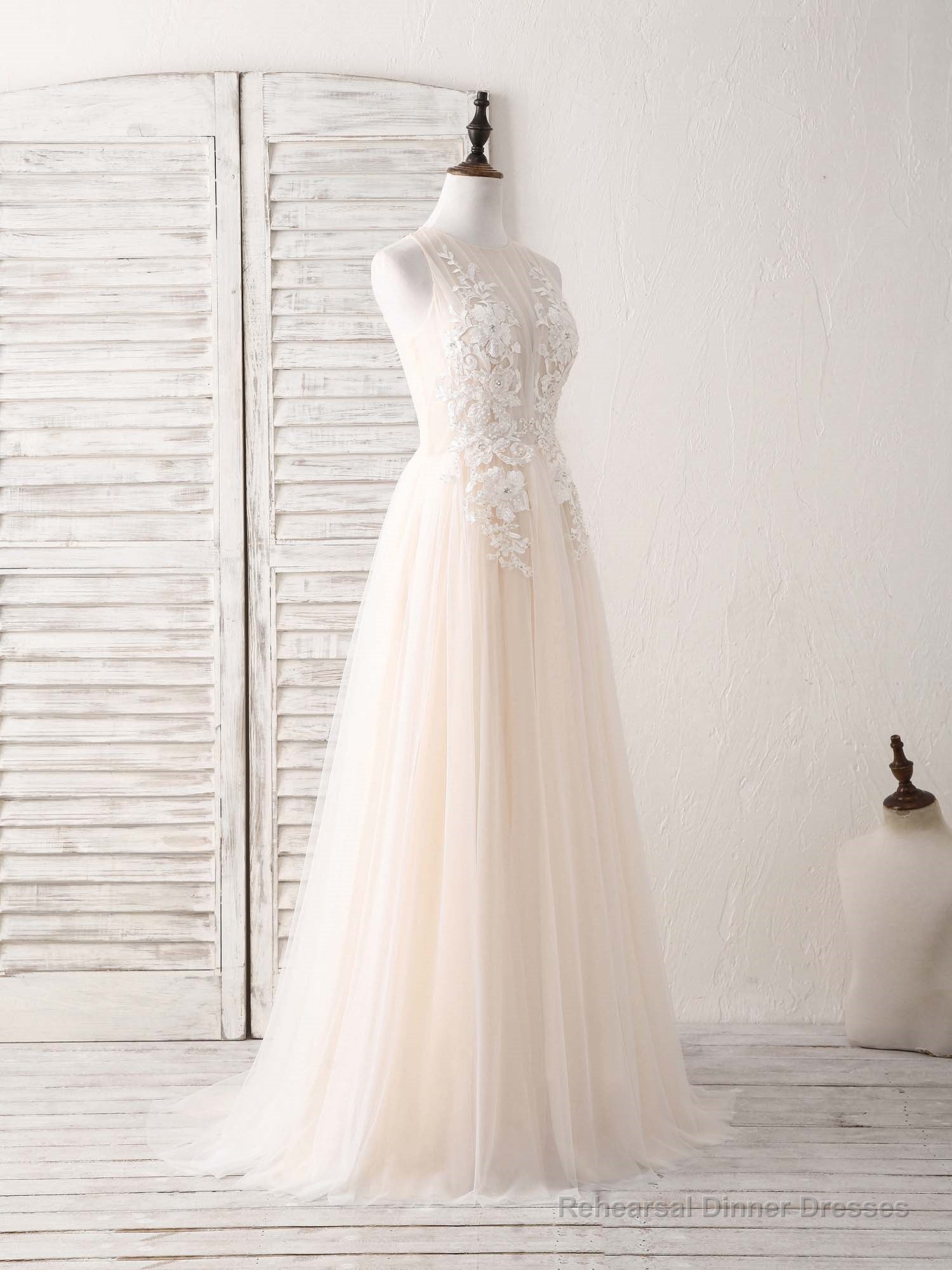 Champagne Round Neck Tulle Lace Applique Long Prom Dress Main image