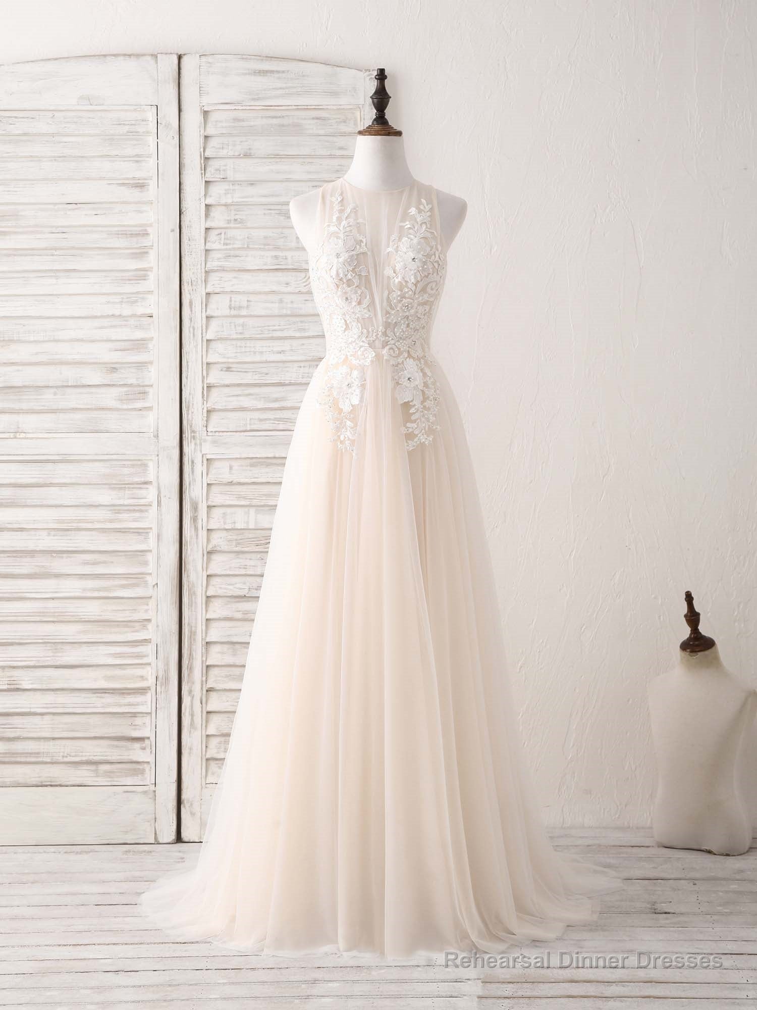 Champagne Round Neck Tulle Lace Applique Long Prom Dress Secondary image