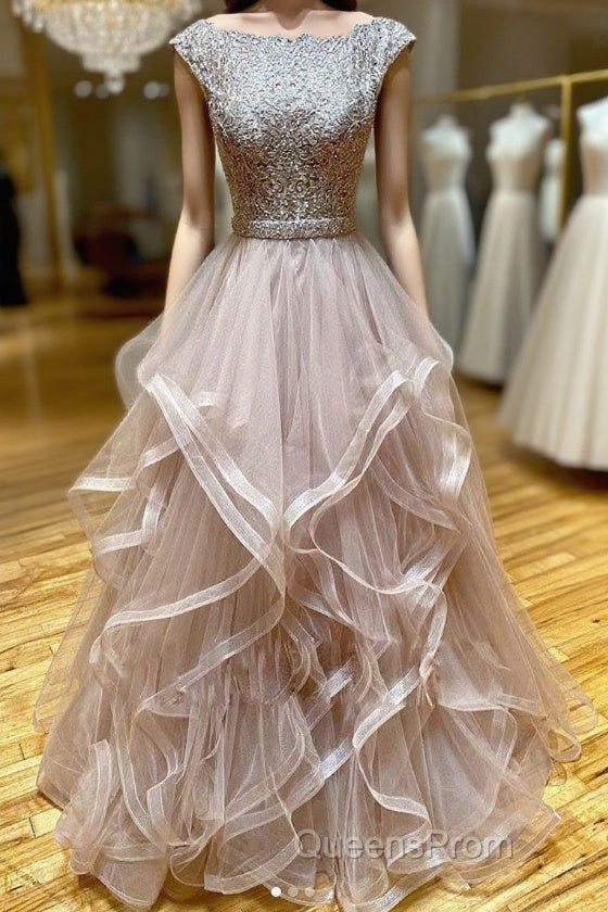 Champagne round neck tulle lace long Evening Prom Dress evening Dress Main image