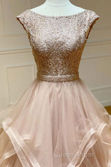 Champagne round neck tulle lace long Evening Prom Dress evening Dress