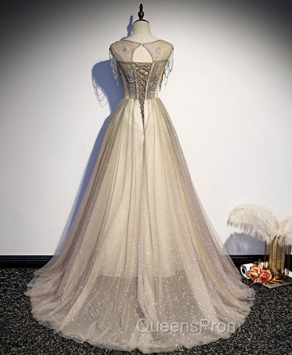 Champagne Round Neck Tulle Sequin Long Evening Prom Dress Tulle Evening Dress