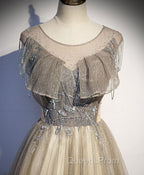 Champagne Round Neck Tulle Sequin Long Evening Prom Dress Tulle Evening Dress