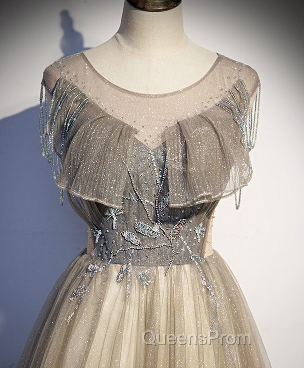 Champagne Round Neck Tulle Sequin Long Evening Prom Dress Tulle Evening Dress