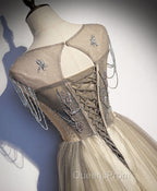 Champagne Round Neck Tulle Sequin Long Evening Prom Dress Tulle Evening Dress