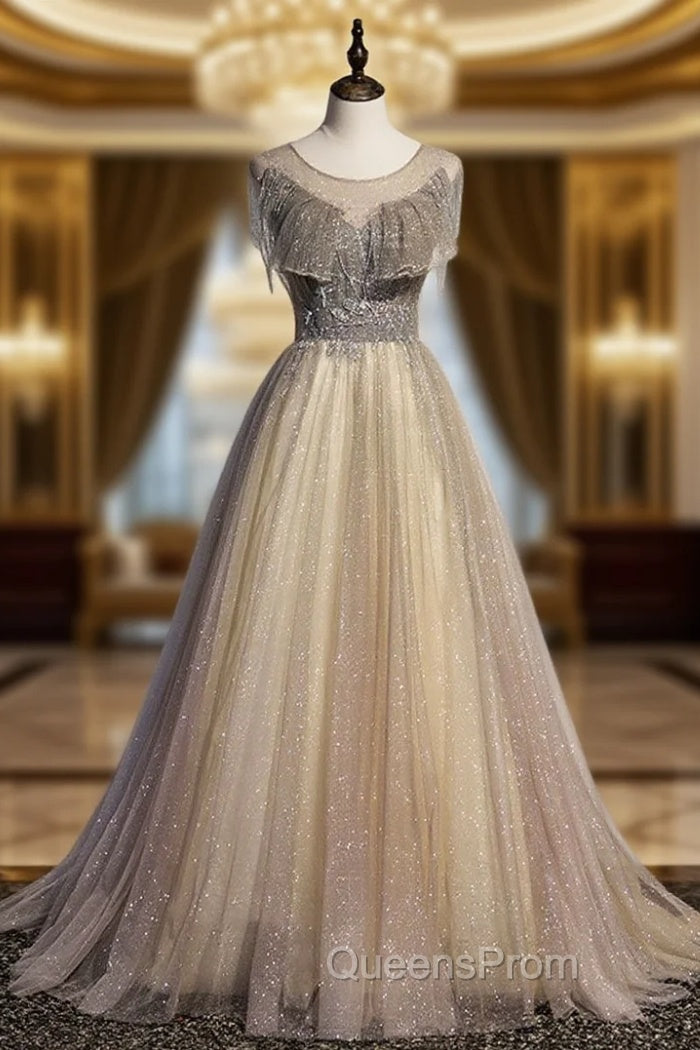 Champagne Round Neck Tulle Sequin Long Evening Prom Dress Tulle Evening Dress Main image