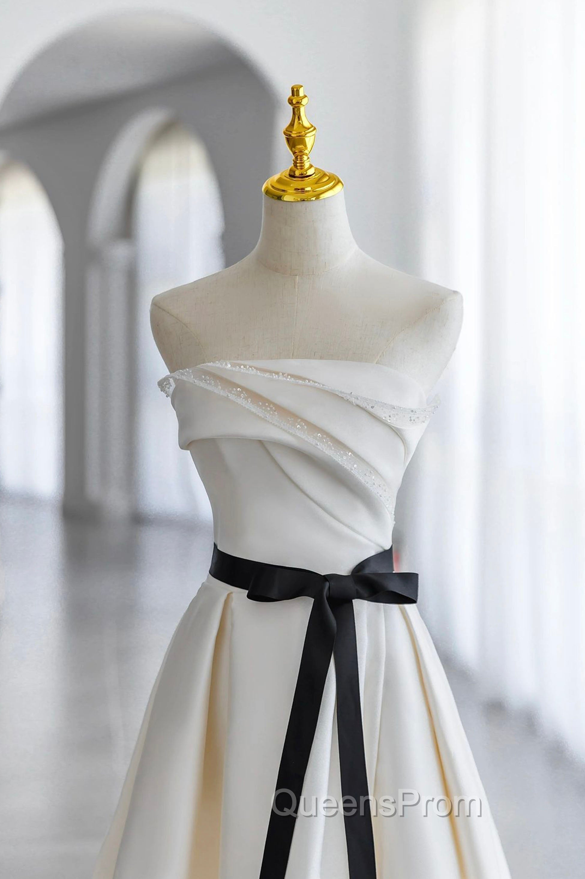 Champagne Satin Long A-Line Evening Prom Dress, Strapless Evening Dress Secondary image