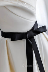 Champagne Satin Long A-Line Evening Prom Dress, Strapless Evening Dress