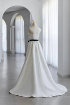 Champagne Satin Long A-Line Evening Prom Dress, Strapless Evening Dress