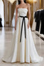 Champagne Satin Long A-Line Evening Prom Dress, Strapless Evening Dress