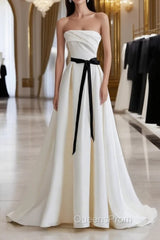 Champagne Satin Long A-Line Evening Prom Dress, Strapless Evening Dress