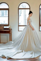 Champagne Satin Long Prom Dress, Off the Shoulder Formal Evening Dress