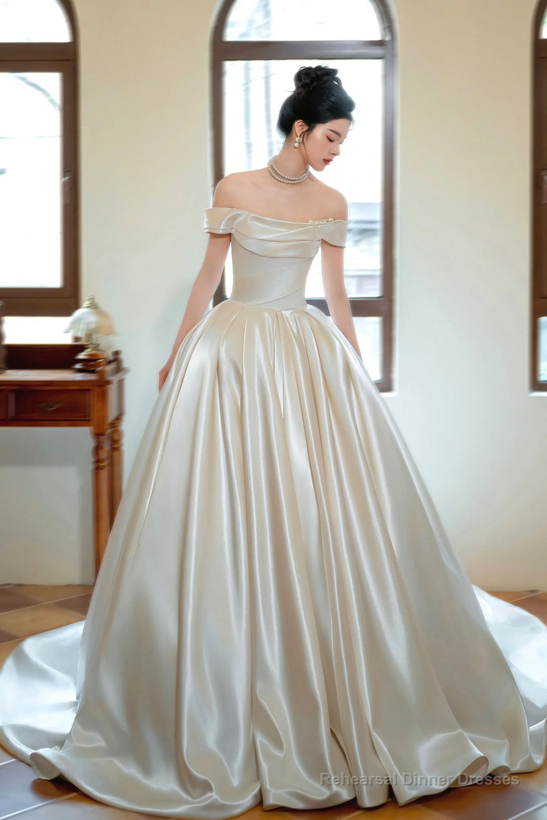 Champagne Satin Long Prom Dress, Off the Shoulder Formal Evening Dress Main image