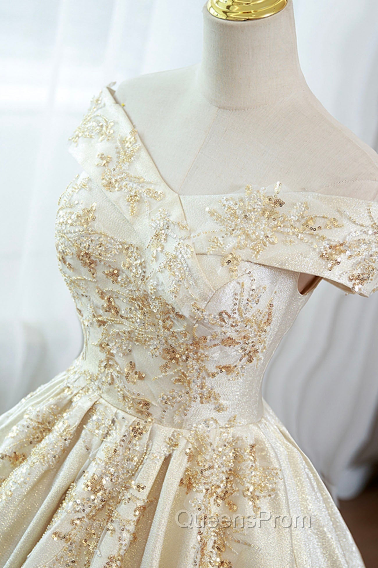 Champagne Satin Long Evening Prom Dress with Beaded, V-Neck Evening Party Dress