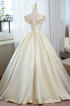 Champagne Satin Long Evening Prom Dress with Beaded, V-Neck Evening Party Dress