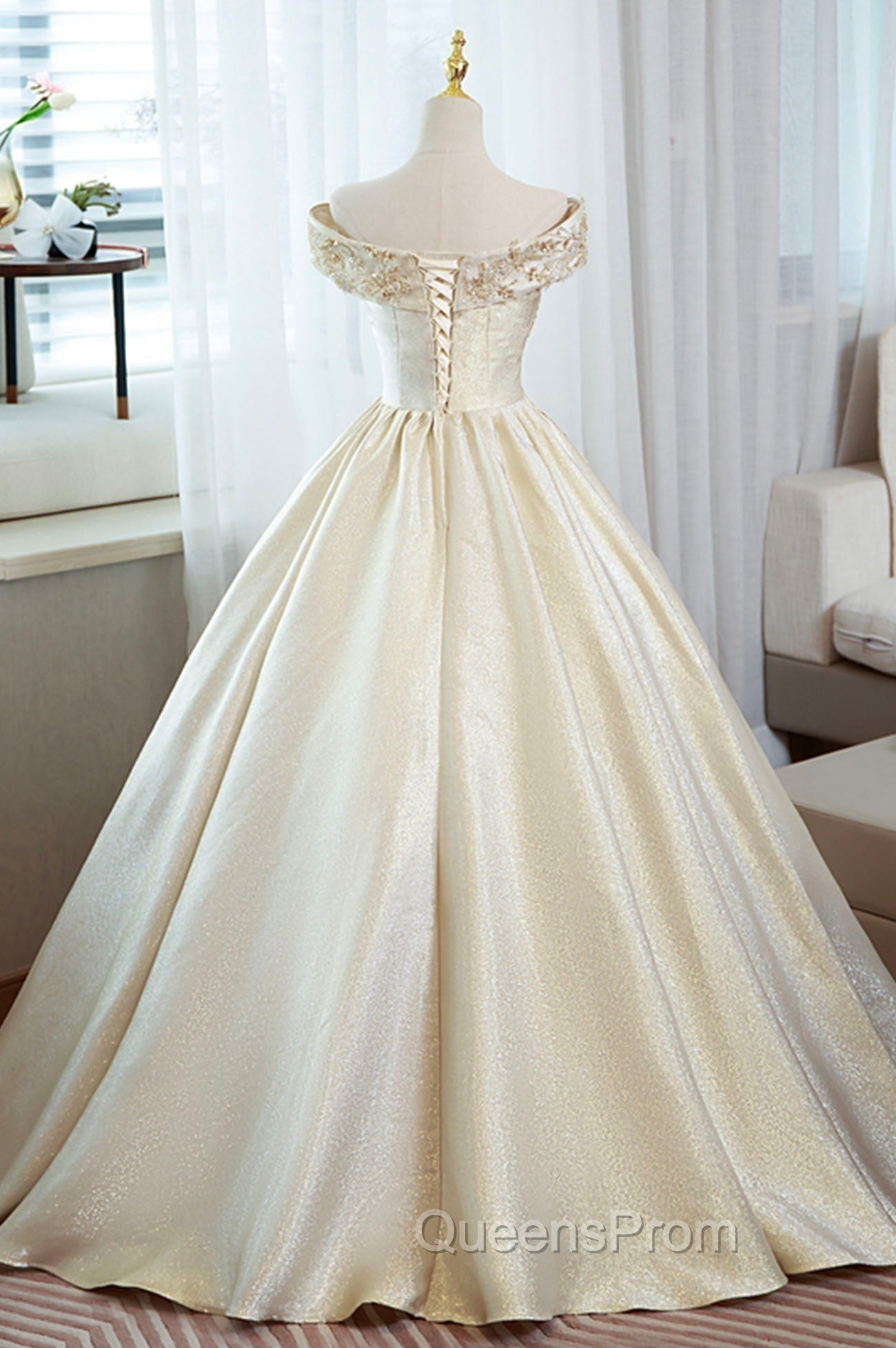 Champagne Satin Long Evening Prom Dress with Beaded, V-Neck Evening Party Dress