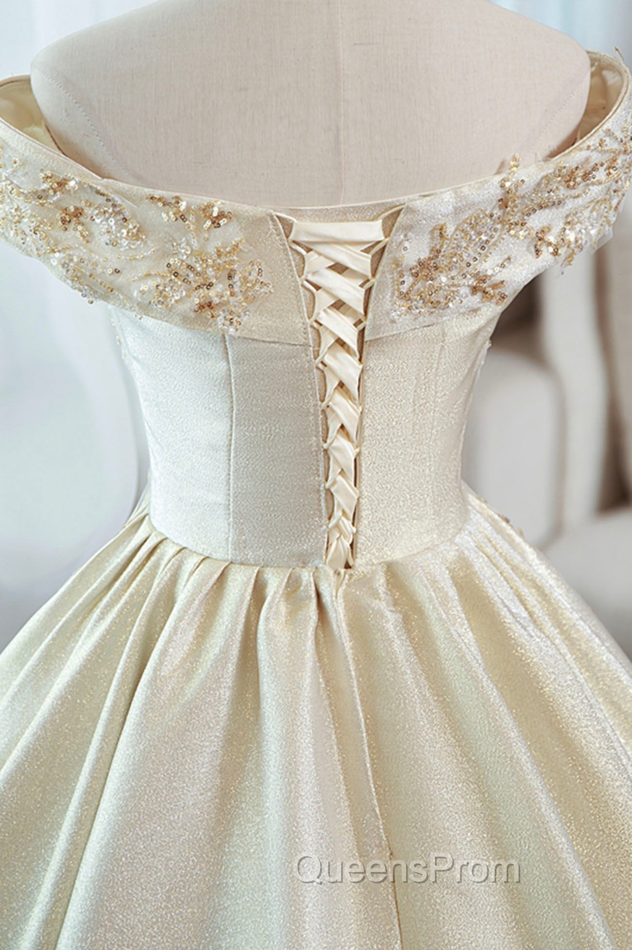 Champagne Satin Long Evening Prom Dress with Beaded, V-Neck Evening Party Dress