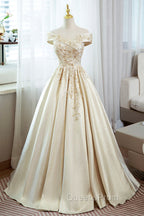 Champagne Satin Long Evening Prom Dress with Beaded, V-Neck Evening Party Dress