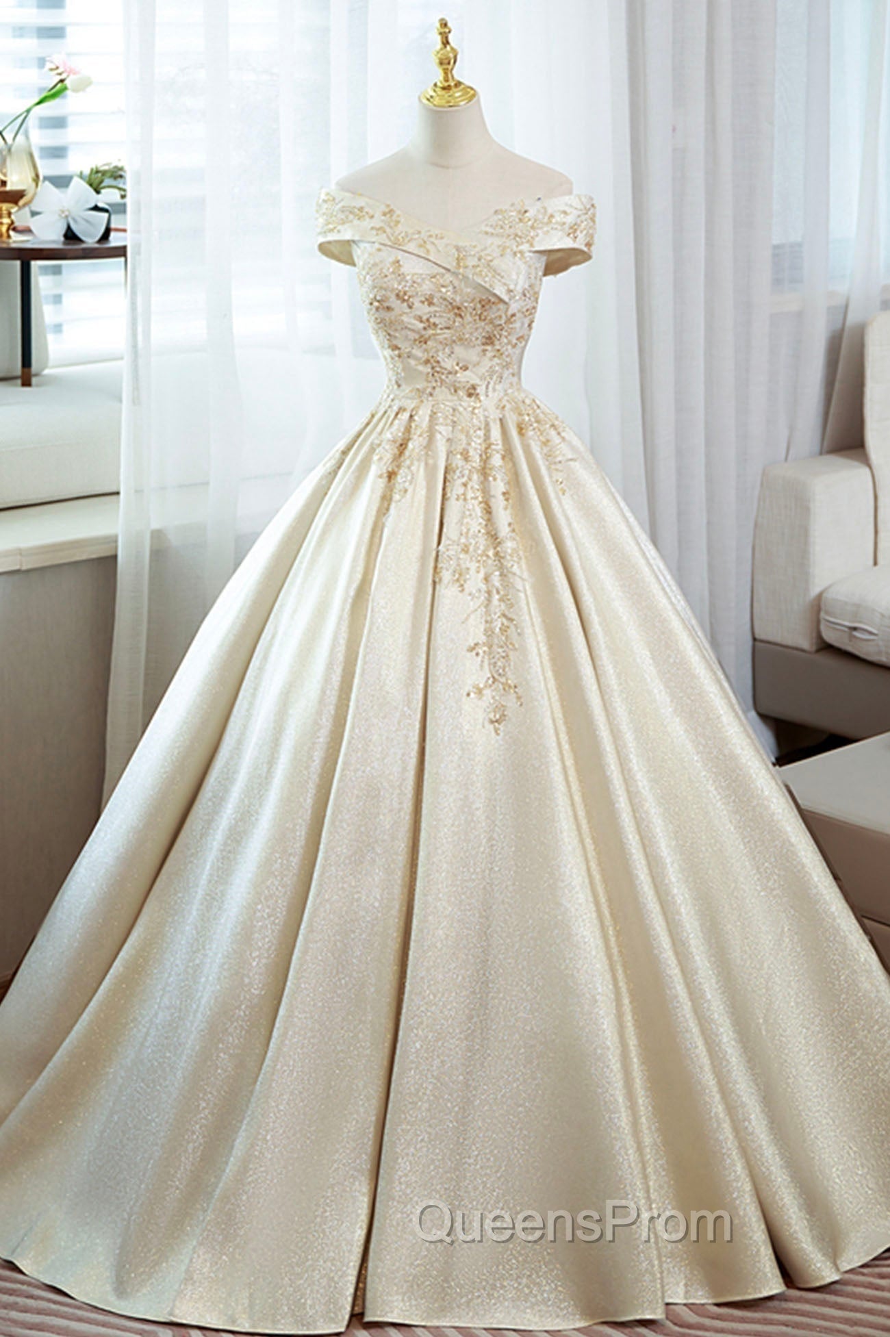 Champagne Satin Long Evening Prom Dress with Beaded, V-Neck Evening Party Dress Main image