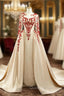 Champagne Satin Long Sleeve Beading Sequins Evening Prom Dress