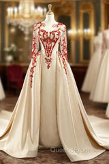 Champagne Satin Long Sleeve Beading Sequins Evening Prom Dress