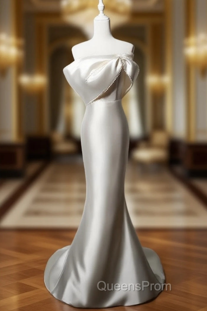 Champagne Satin Mermaid Pearls Wedding Dress