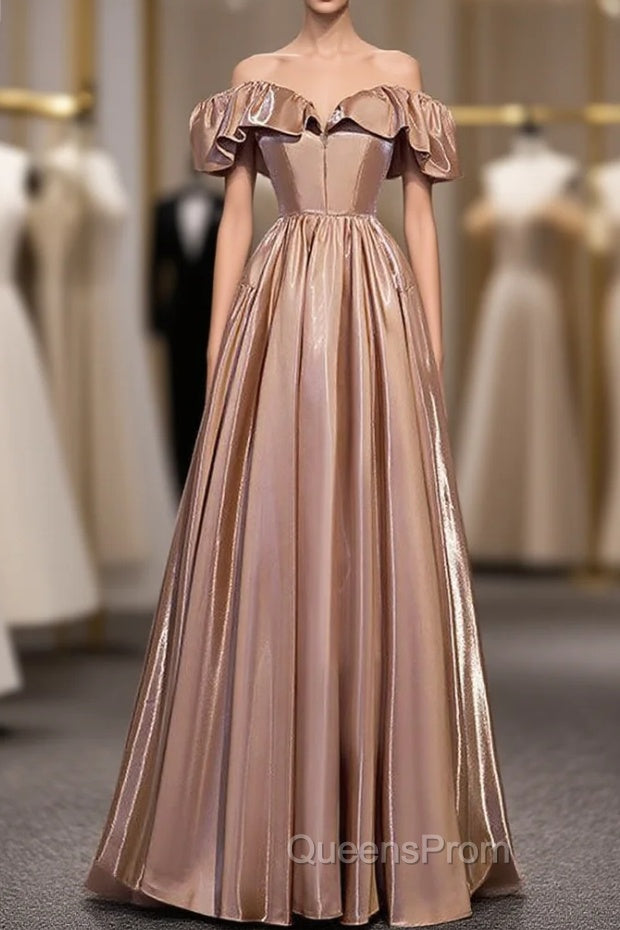 Champagne Satin Off the Shoulder Long Evening Prom Dress