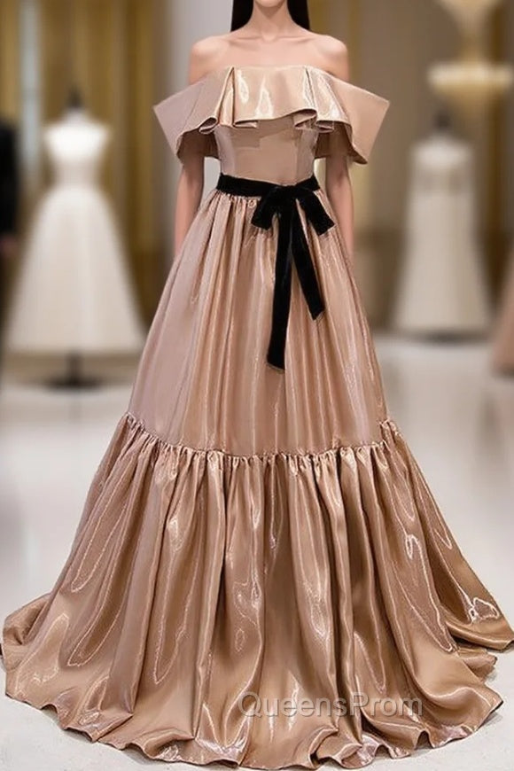 Champagne Satin Off the Shoulder Evening Prom Dress With Bow Main image