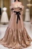 Champagne Satin Off the Shoulder Evening Prom Dress With Bow