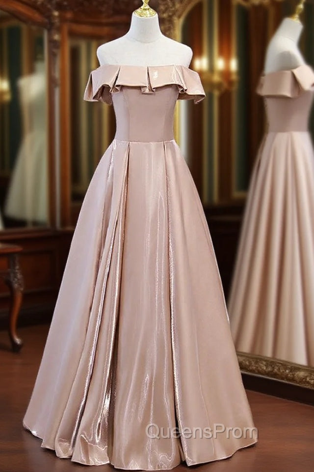 Champagne Satin Off the Shoulder Evening Prom Dress