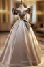 Champagne Satin Off the Shoulder Puff Sleeve Evening Prom Dress