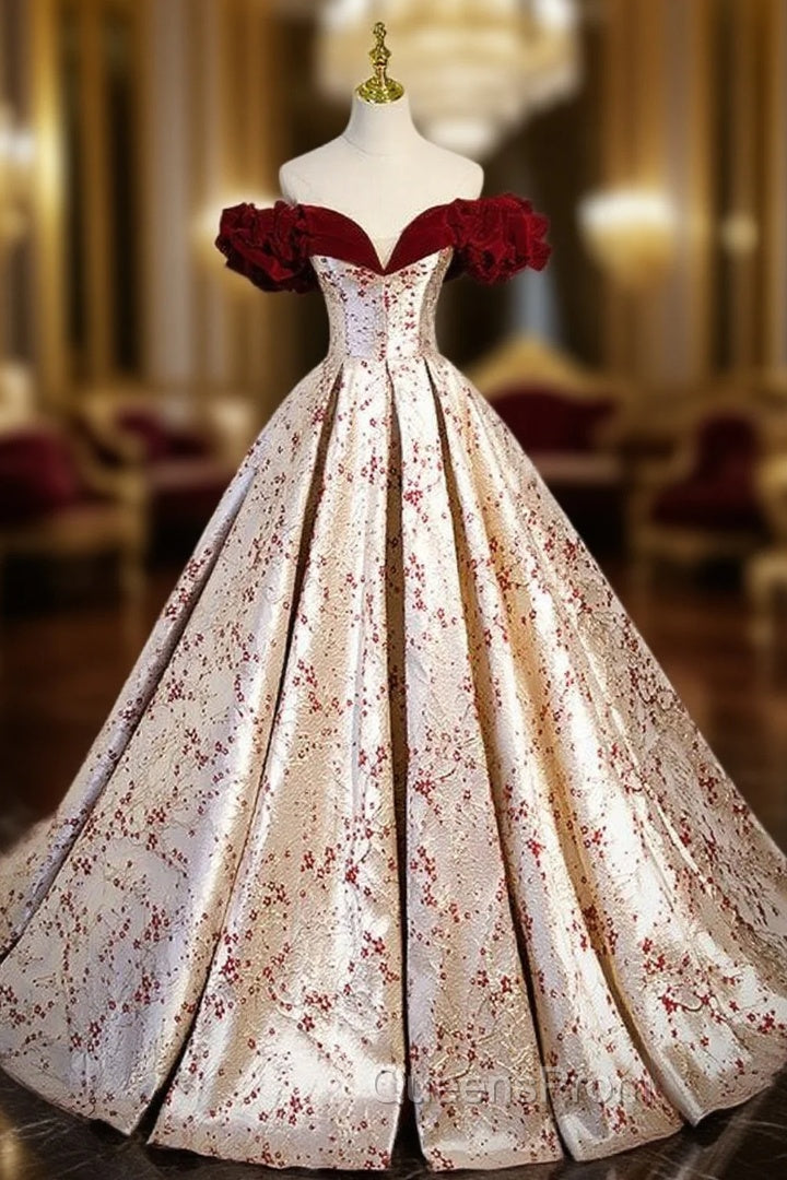 Champagne Satin Print Burgundy Velvet Evening Prom Dress