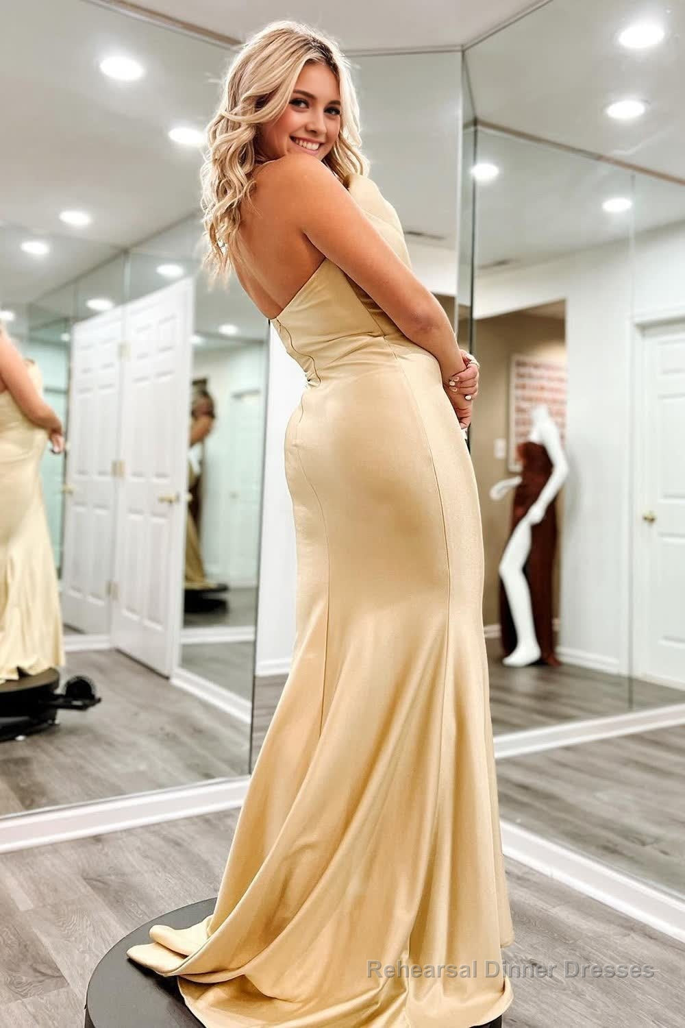 Champagne Satin Prom Dress with Ruffles Secondary image