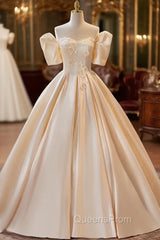 Champagne Satin Sweetheart Puff Sleeve Wedding Dress