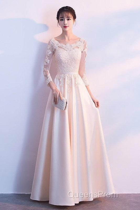 Champagne Satin With Lace Long Sleeves Evening Prom Dress Evening Dress, A-Line Simple Bridesmaid Dress Secondary image