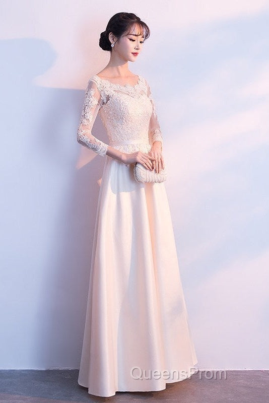 Champagne Satin With Lace Long Sleeves Evening Prom Dress Evening Dress, A-Line Simple Bridesmaid Dress