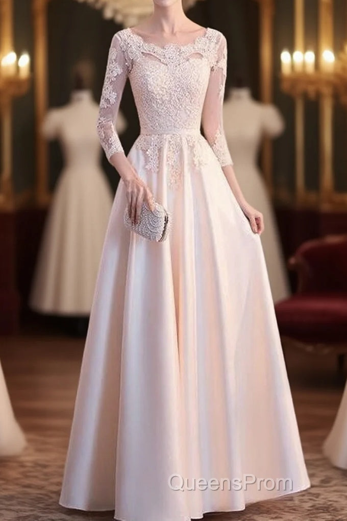 Champagne Satin With Lace Long Sleeves Evening Prom Dress Evening Dress, A-Line Simple Bridesmaid Dress Main image