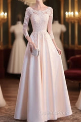 Champagne Satin With Lace Long Sleeves Evening Prom Dress Evening Dress, A-Line Simple Bridesmaid Dress