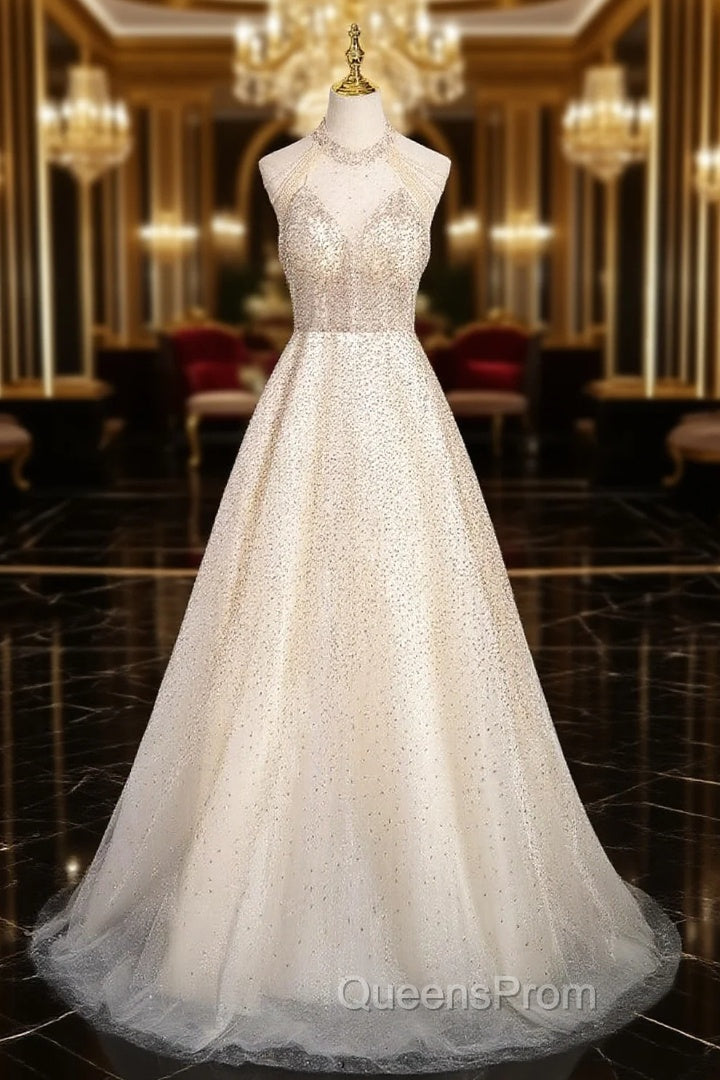 Champagne Sequins Backless Beading Evening Prom Dress