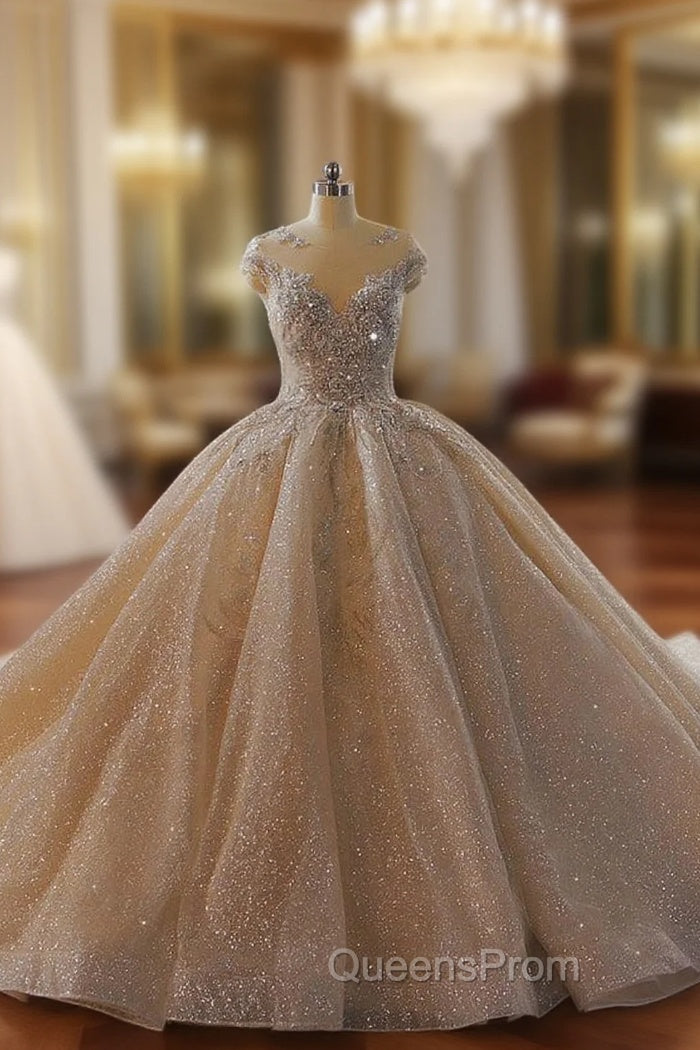 Champagne Sequins Beading Open Back Wedding Dress Main image