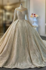 Champagne Sequins Beading Wedding Dress With Long Train