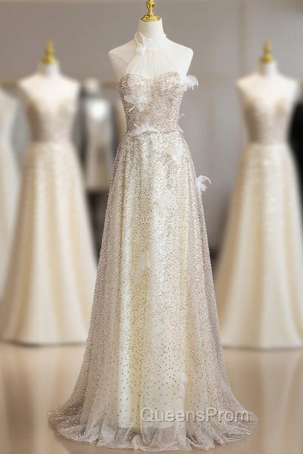 Champagne Sequins Halter 3D Flower Evening Prom Dress