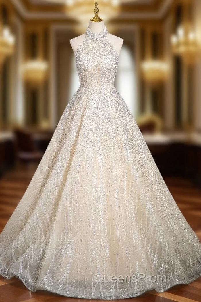 Champagne Sequins Halter Backless Beading Evening Prom Dress