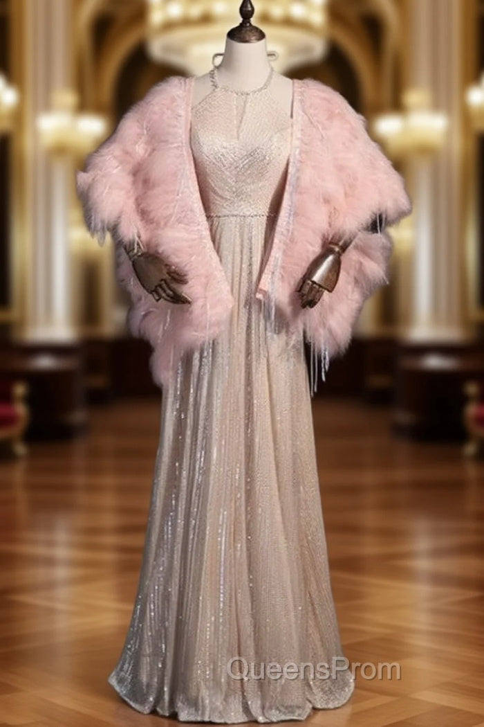 Champagne Sequins Halter Beading Evening Prom With Feather Shawl