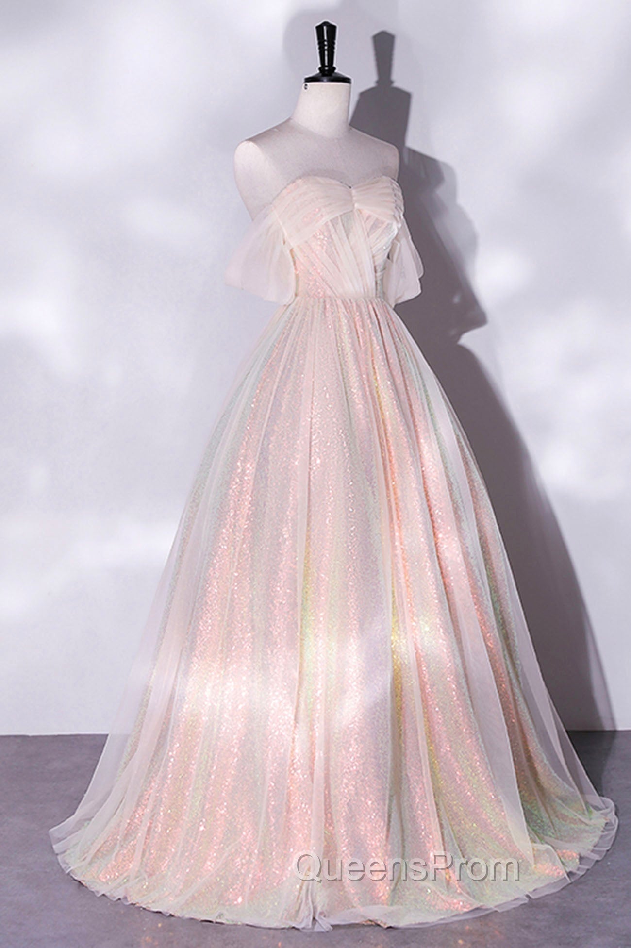 Champagne Sequins Long A-Line Evening Prom Dress, Off the Shoulder Evening Party Dress Secondary image