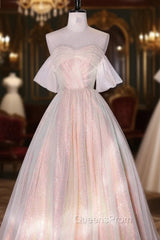 Champagne Sequins Long A-Line Evening Prom Dress, Off the Shoulder Evening Party Dress